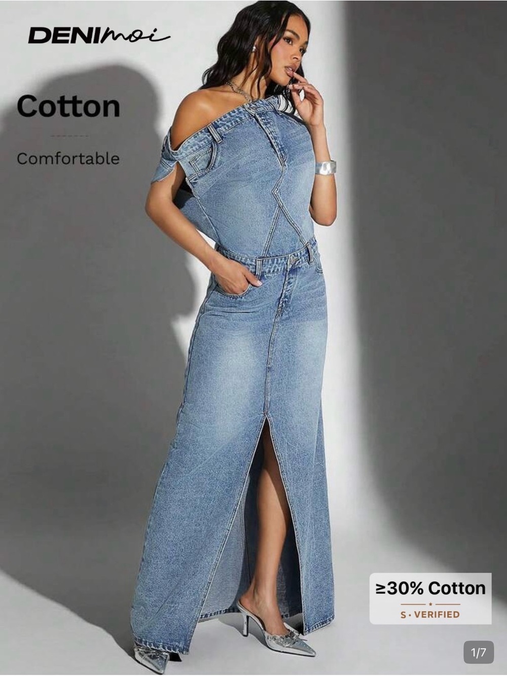 DENImoi Off-Shoulder Denim Maxi Dress - Light Blue